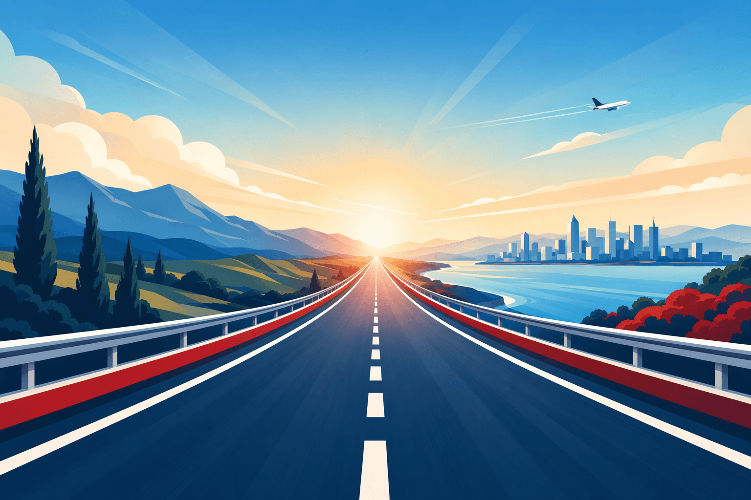 Open highway sunrise - illustration, Jake Team LLC