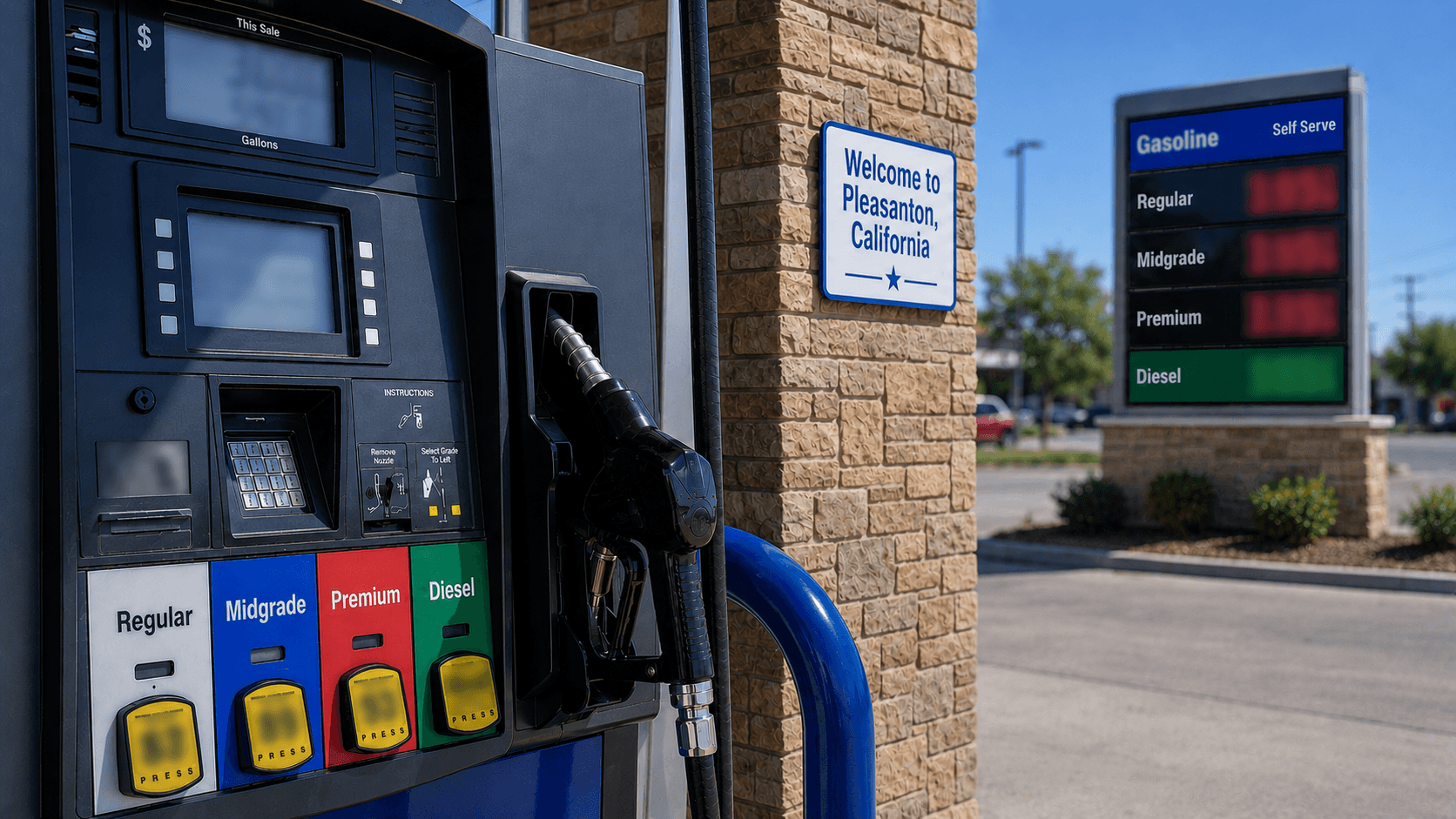 Gas prices at the pump in Pleasanton California - Illustration Jake Team LLC