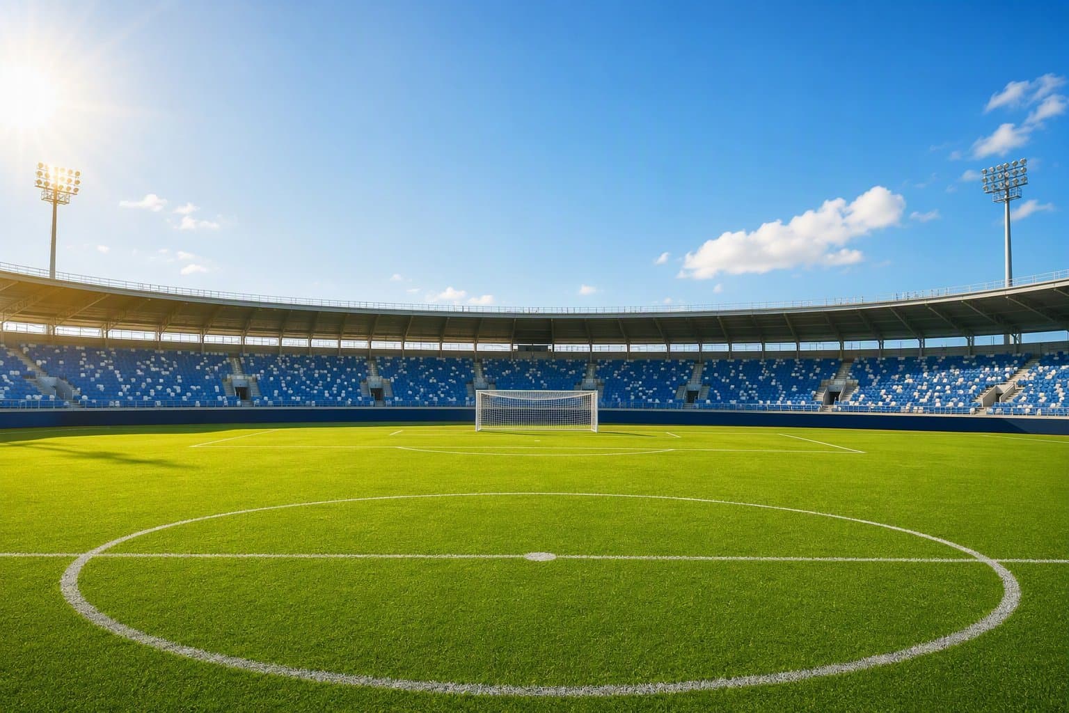 Empty sunlit soccer stadium - illustration, Jake Team LLC