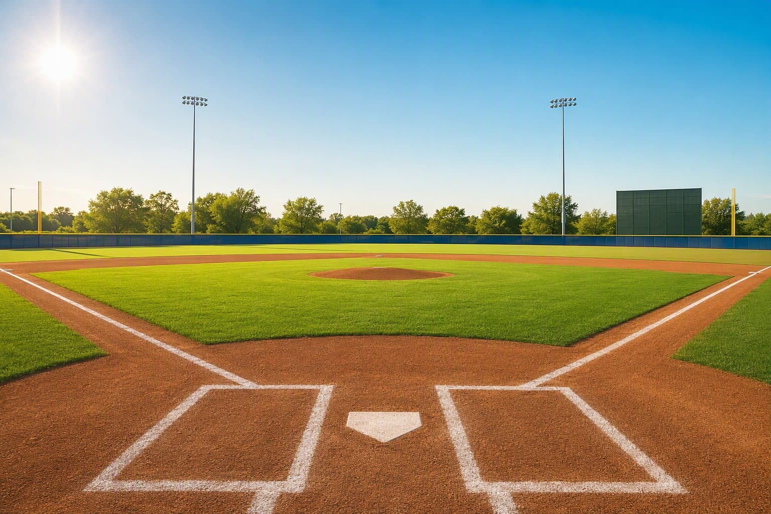Empty sunlit baseball stadium - illustration, Jake Team LLC