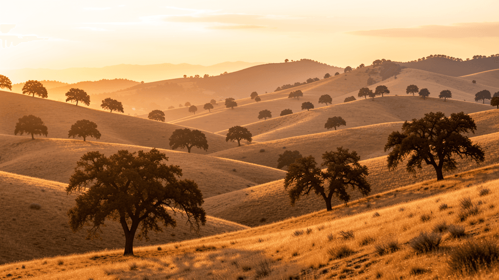 California golden hills with oak trees at sunset — illustration, Jake Team LLC