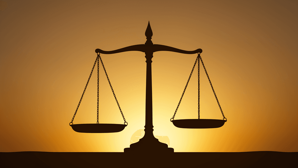 Balanced scales of justice against sunset sky, representing California fiscal balance — illustration, Jake Team LLC