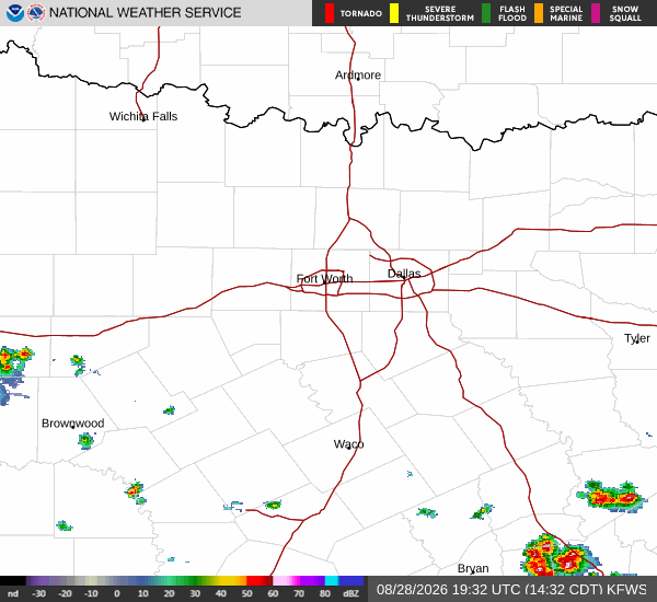 Latest National Weather Service radar for North Texas (KFWS radar). Source: radar.weather.gov.