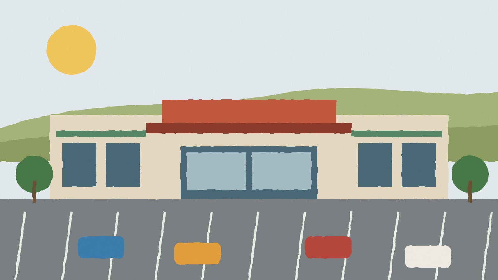 Suburban grocery shopping center - illustration, Jake Team LLC