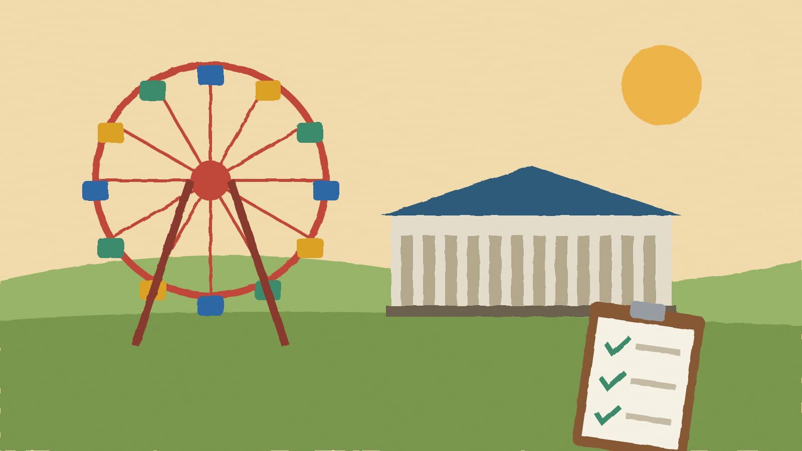 Fairgrounds grandstand and Ferris wheel - illustration, Jake Team LLC