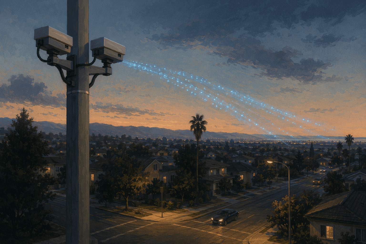 License-plate reader cameras over a suburban intersection as data streams away - illustration, Jake Team LLC