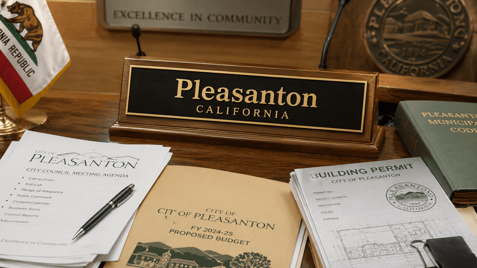 Pleasanton California reviews permits, bills, and city agenda items - Illustration Jake Team LLC