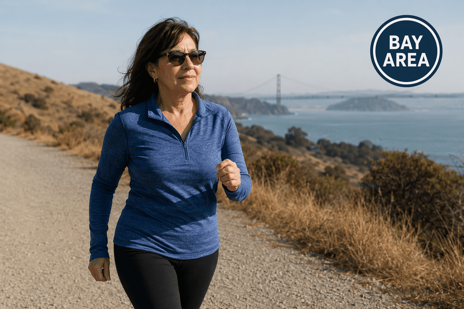 An ordinary resident power-walking a bayside trail - Bay Area cities on the 2026 Fitness Index - illustration, Jake Team LLC