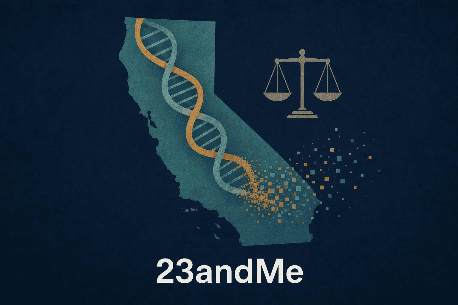 The shape of California with a DNA helix and scales of justice, 23andMe - illustration, Jake Team LLC