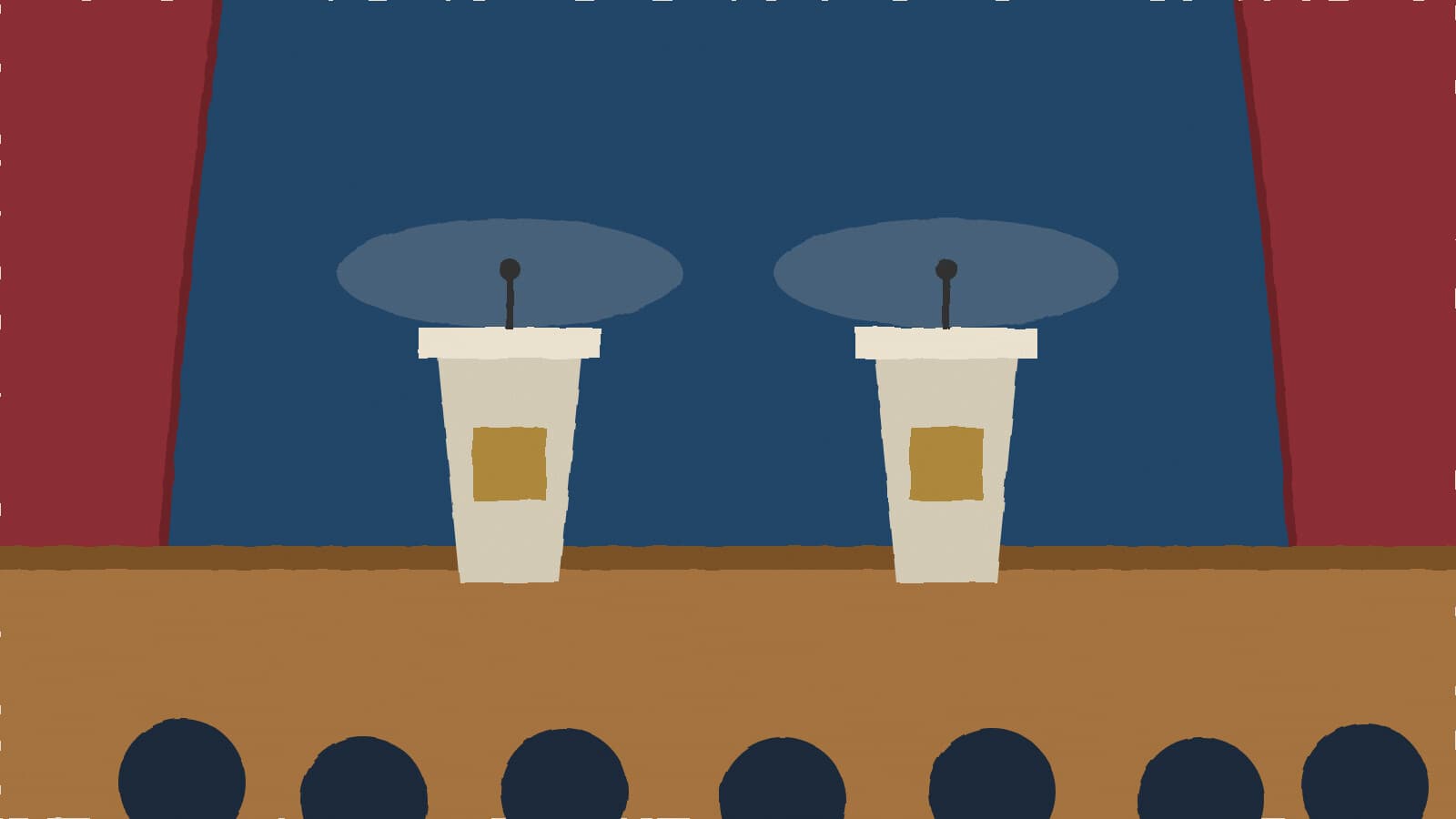 Two empty lecterns on a stage - illustration, Jake Team LLC