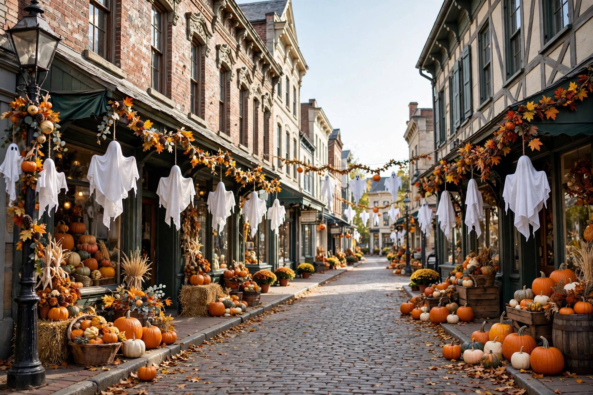 Historic downtown street with Halloween decorations - illustration