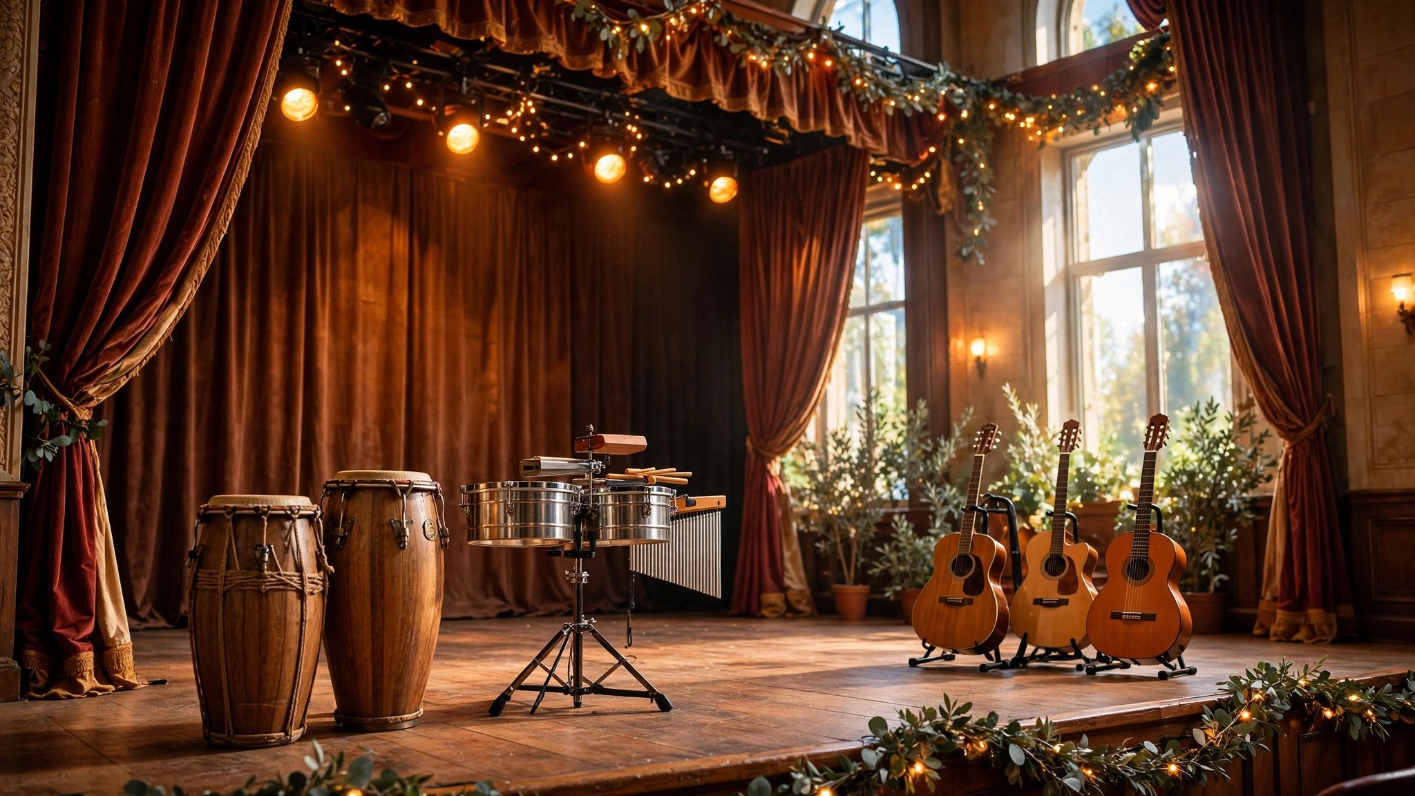 Theater stage with Latin percussion instruments and warm lights - illustration