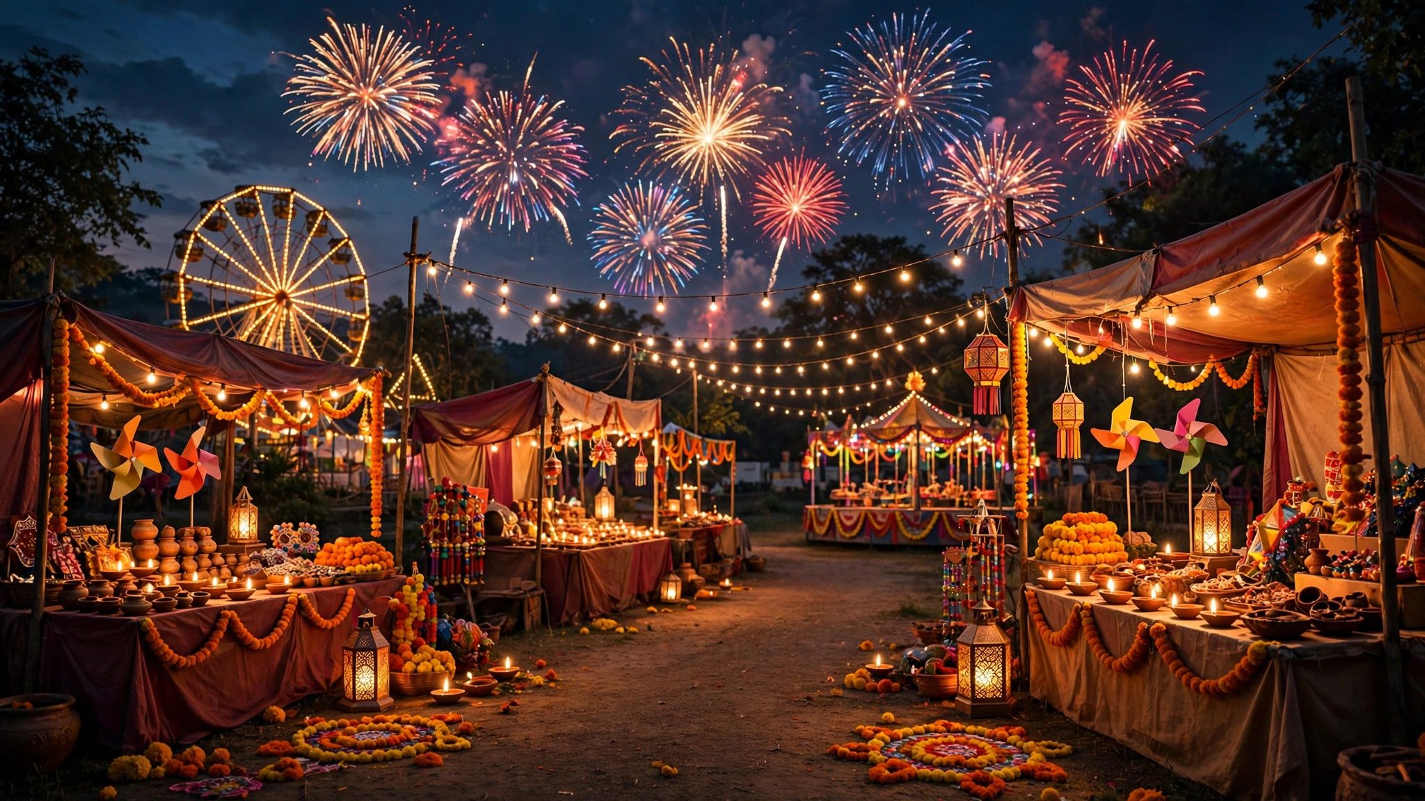 Fairground at dusk with colorful lights and festival stalls - illustration