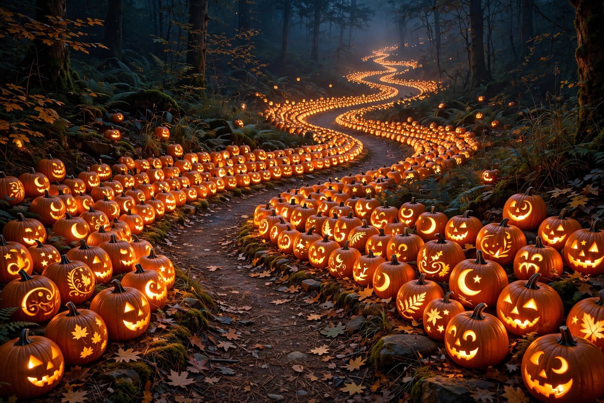 Outdoor trail lined with thousands of glowing carved pumpkins at night - illustration